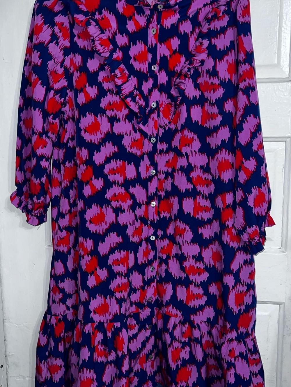 Vibrant Purple & Pink Ruffle Button-Front Casual Dress